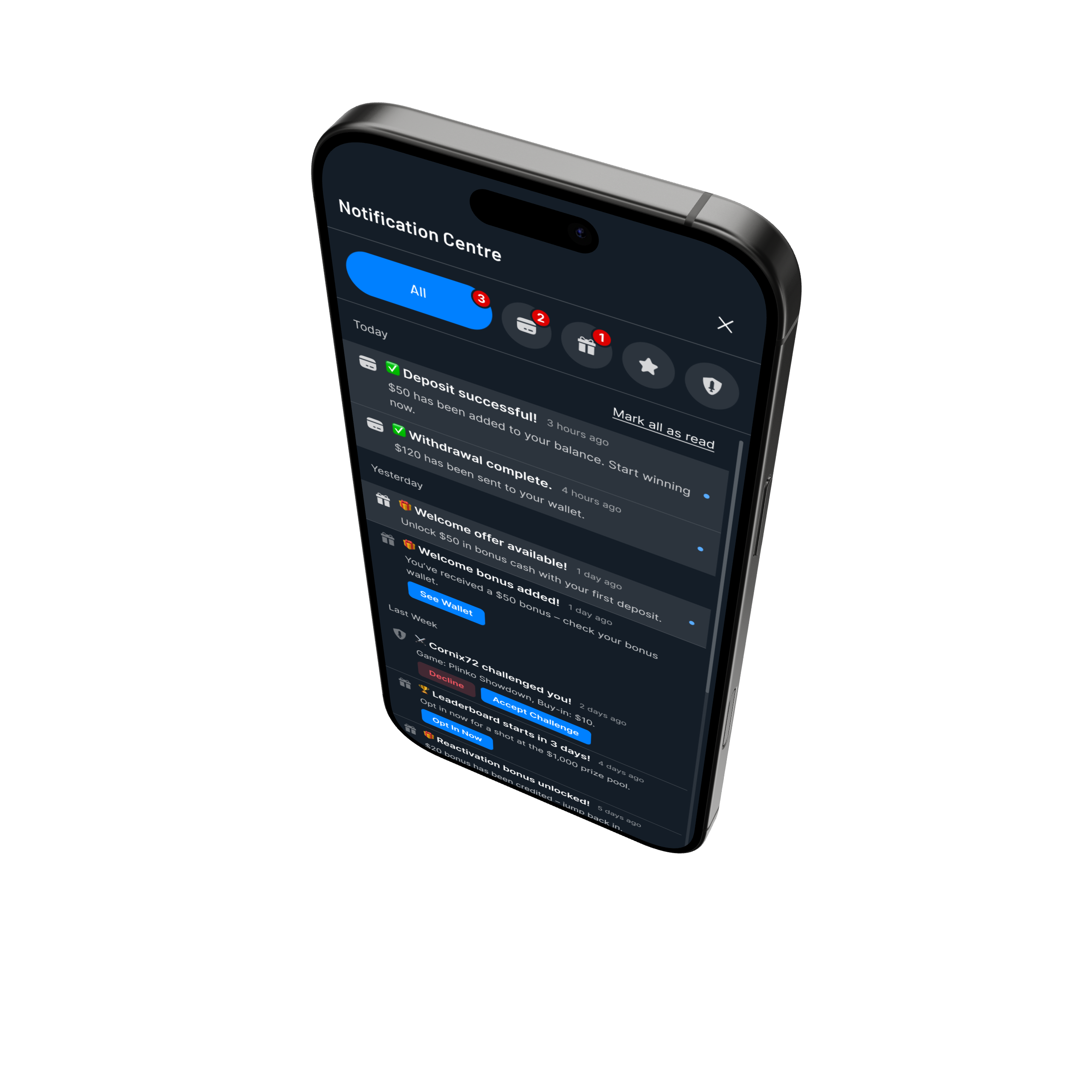 Close-up of a smartphone screen displaying a dark-themed notification center with category filters and recent alerts for deposits, withdrawals, and bonuses.